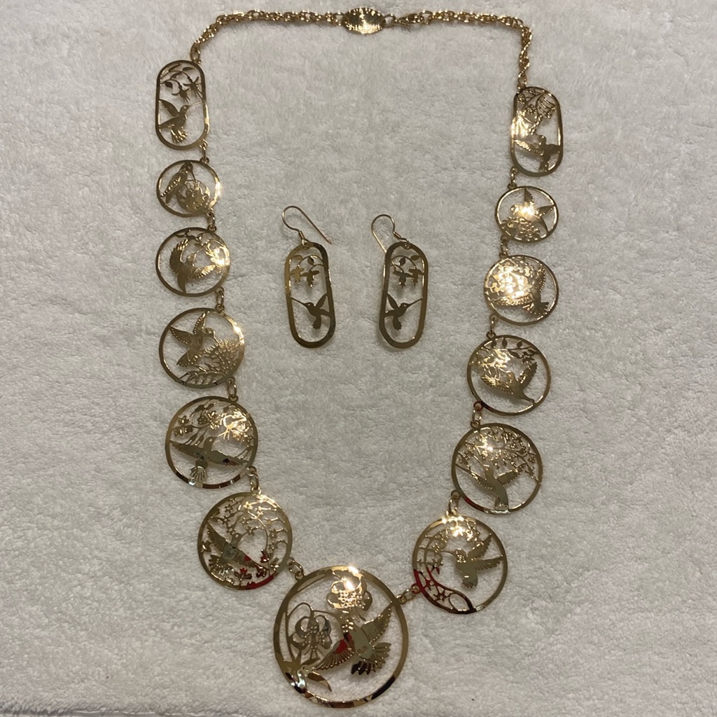 Wild Bryde Gold Tone Hummingbird Necklace Earring Set